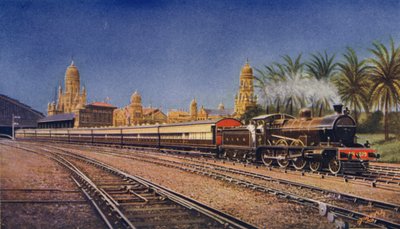 El Expreso Bombay-Poona, saliendo de la Terminal Victoria, Bombay, Gran Ferrocarril Peninsular de la India de English School